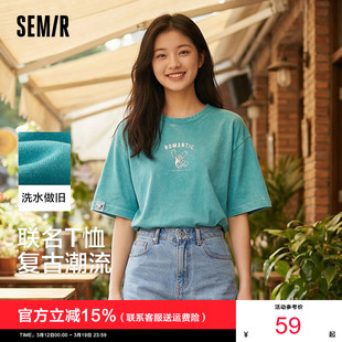 森马大力水手联名短袖T恤女图案潮流趣味夏季宽松做旧衣服复古风