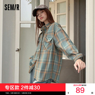 纯棉复古秋格子长袖 女中长款 衬衣街头上衣 森马牛仔衬衫 森柔牛仔