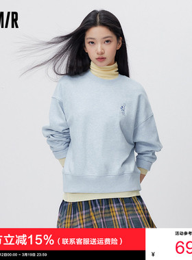 森马迪士尼合作系列卫衣女春季刺绣宽松分割打底衫蓝色米奇套头衫