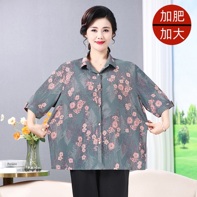 亮丝印花休闲衬衫中老年妈妈装