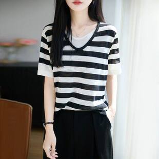 假两件黑白条纹竹节麻针织短袖t恤女夏季冰丝清爽薄款时尚T恤上衣