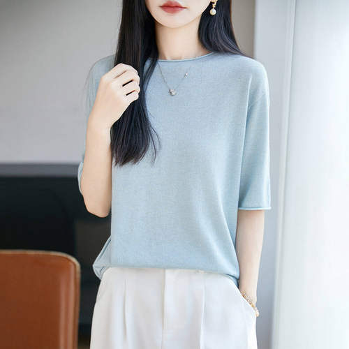 高级感圆领针织短袖T恤女