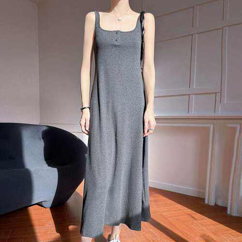 法式吊带洋装女深灰莫代