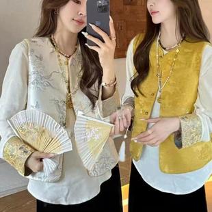 提花刺绣圆领唐装 国风两面穿新中式 时尚 新款 上衣 马夹女2025春秋季