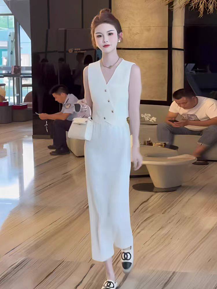 无袖背心马甲开叉半身裙两件套女