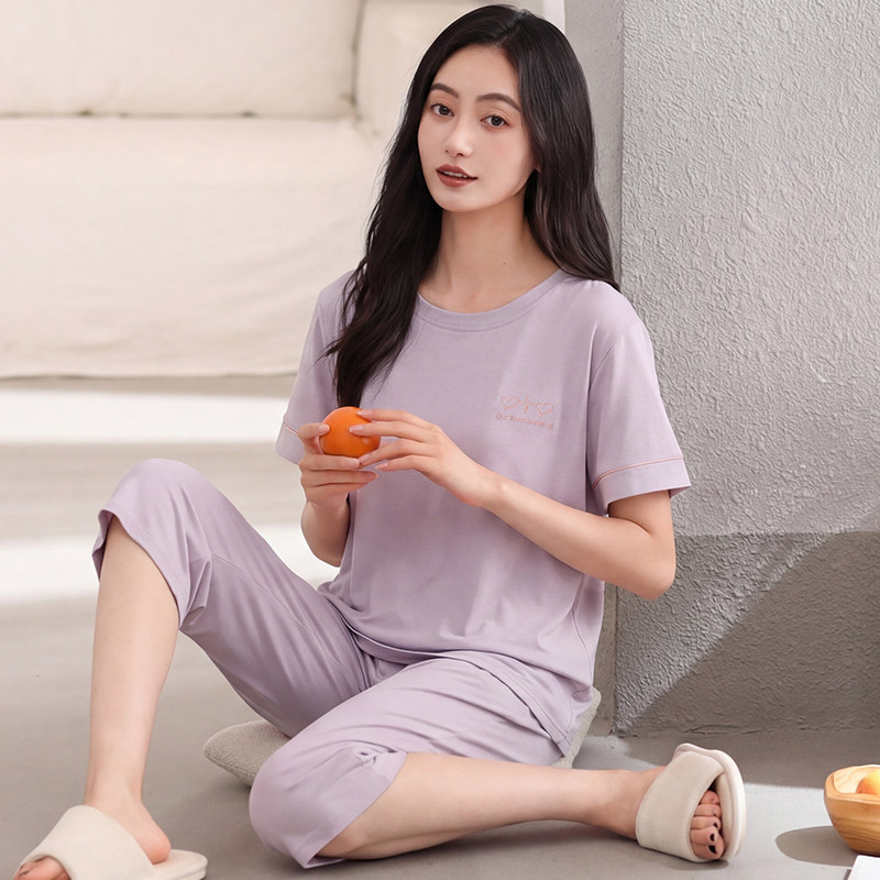 睡衣女款夏季纯棉短袖七分裤中年妈妈休闲薄款婆婆家居服两件套装