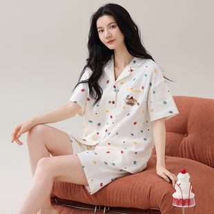 短袖短裤睡衣女款夏季纯棉夏天全棉甜美薄款中年人妈妈家居服套装