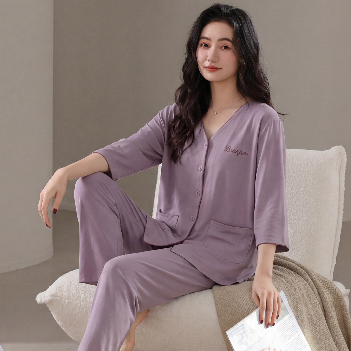 开衫睡衣女款2026新款夏季七分袖长裤夏天妈妈纯棉中老年人家居服