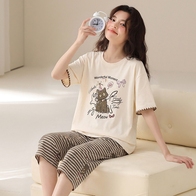 纯棉睡衣女款夏季短袖七分裤薄款加大码中年妈妈带胸垫家居服套装