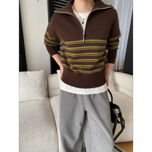 高智穿搭慵懒风半拉链翻领宽松撞色条纹针织衫毛衣