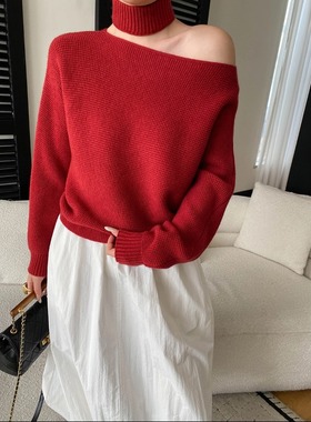 司南 早春新款 含围脖一字肩设计感显瘦华夫格针织衫毛衣 SN8579