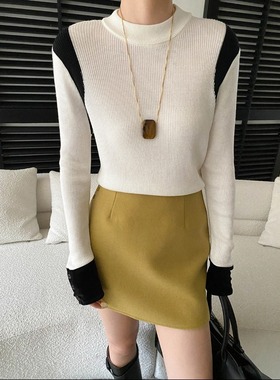 司南 早春新款 法式复古丝绒撞色拼接修身显瘦针织衫打底 SN8536