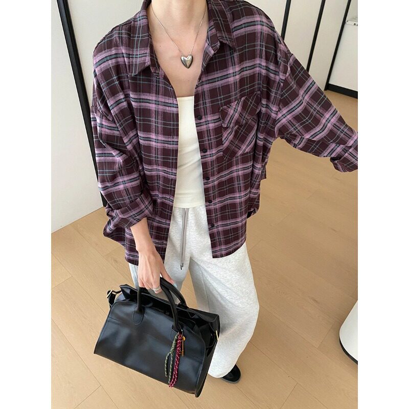 秋季新款 知识分子慵懒风宽松休闲格纹衬衫外套叠穿