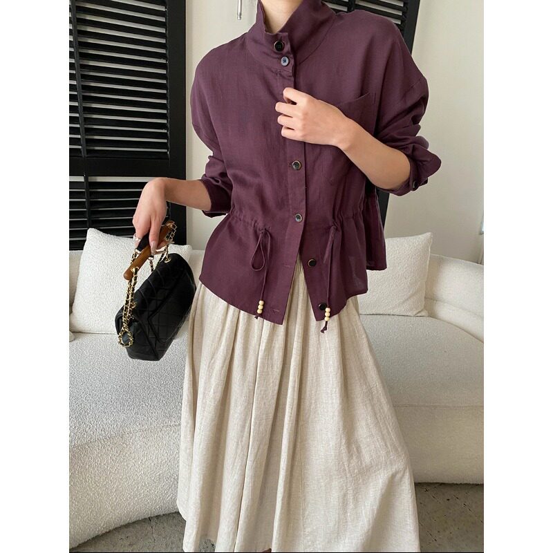 老钱通勤 天丝亚麻抽绳收腰设计感气质显瘦衬衫外套