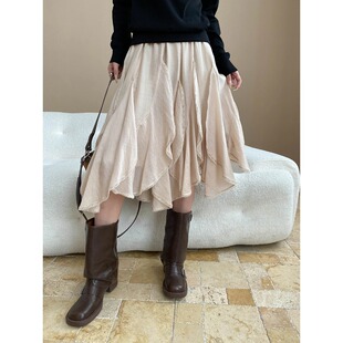 摇曳旋律醋酸天丝混纺松紧腰不规则蕾丝拼接半身裙