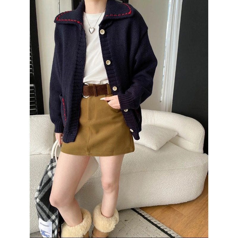 小众设计慵懒撞色明线翻领双口袋宽松毛衣针织开衫