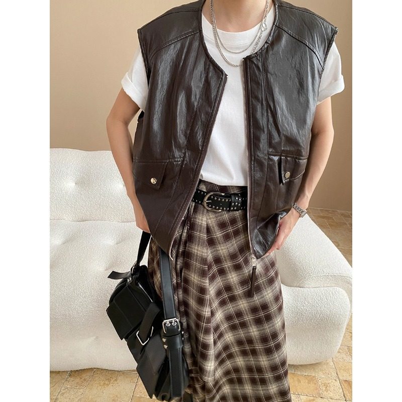 老钱腔调美式复古PU皮圆领宽松坎肩皮衣马甲背心