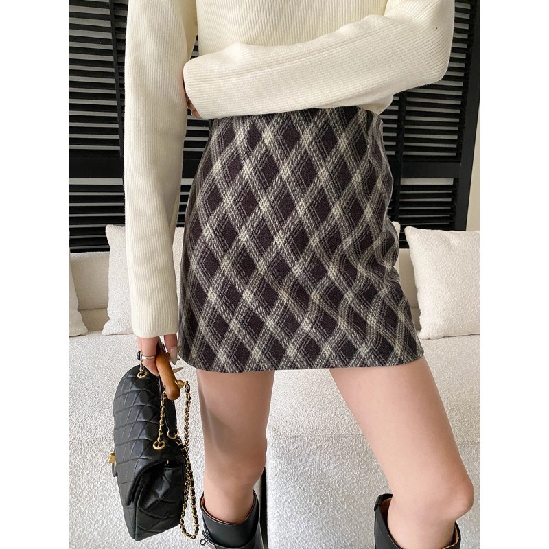 中古英伦调时髦撞色格纹高腰显瘦A字毛呢半身短裙