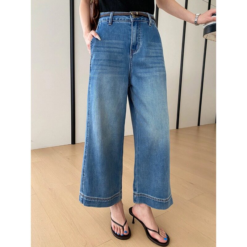时髦博主腔调 立裁复古高腰显瘦宽松九分阔腿牛仔裤 SN8781