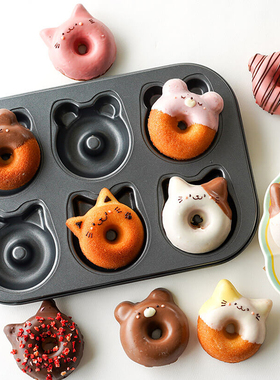 FL日本cotta卡通猫熊甜甜圈烤盘6连蛋糕烤箱不沾模具面包烘焙家用