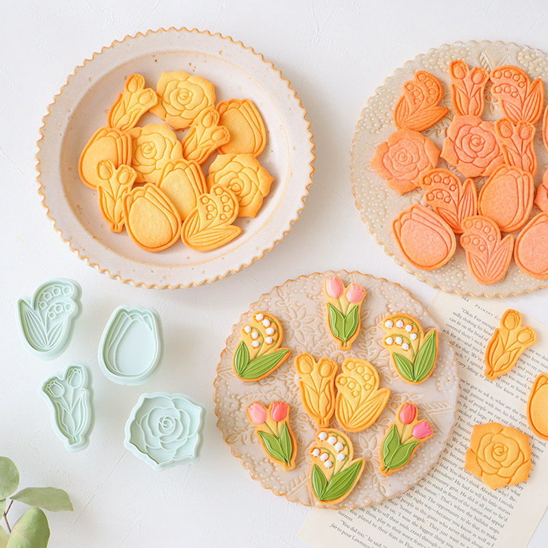 日本cotta新款弹簧按压情人节花朵玫瑰郁金香家用饼干模具烘焙