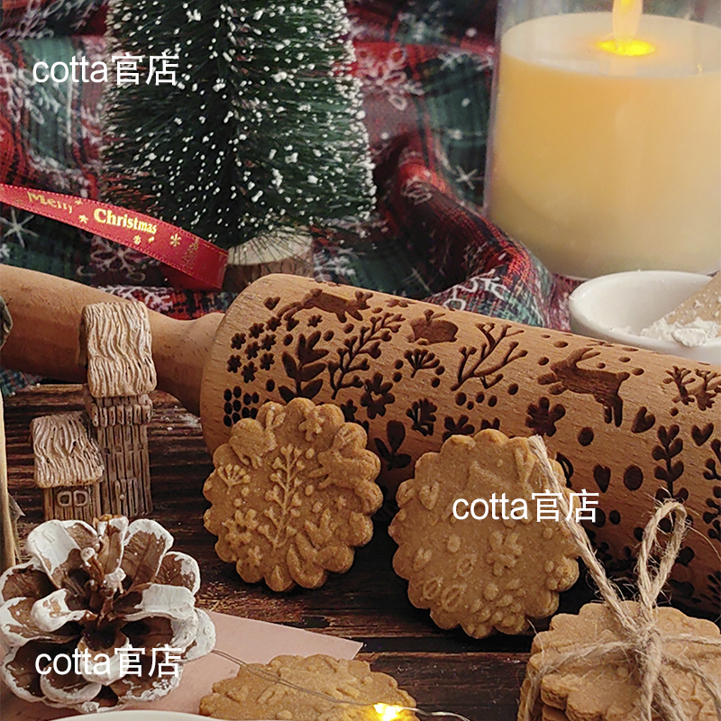 日本Fukuraku实木滚轴卡通兔子立体花纹擀面杖印花饼干厨房烘焙