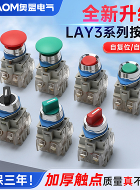平钮按钮开关LAY3-11自复位点动按压式蘑菇头红绿色旋钮急停22mm