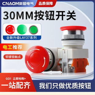 LAY37蘑菇头带自锁急停按钮开关LAY7平头自复位PBC Y090旋钮30MM