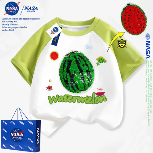 NASA儿童衣服草莓亮片西瓜翻转变色夏季男童短袖t恤纯棉女童上衣