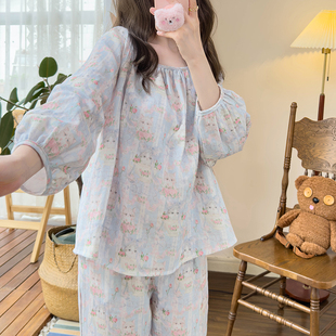 棉纱家居服两件套 春秋季 纯棉睡衣套装 女可爱宽松猫咪印花长袖 长裤