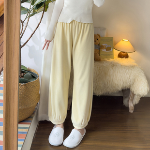 冬季薄绒睡裤女宽松收脚花苞灯笼裤海岛绒可外穿奶黄色家居长裤女
