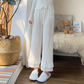 空调家居裤 女日系棉纱布花边小个子九分阔腿长裤 女 纯棉睡裤 春秋季