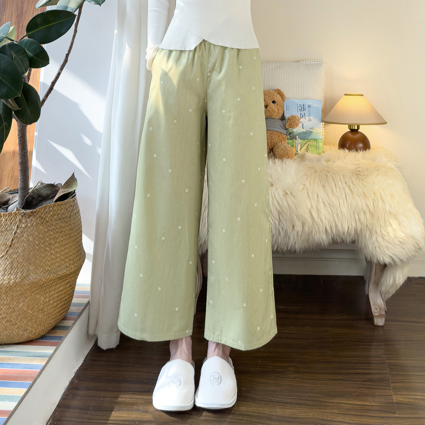 春秋纯棉睡裤女小个子棉布碎花阔腿裤有口袋遛弯裤可外穿家居长裤