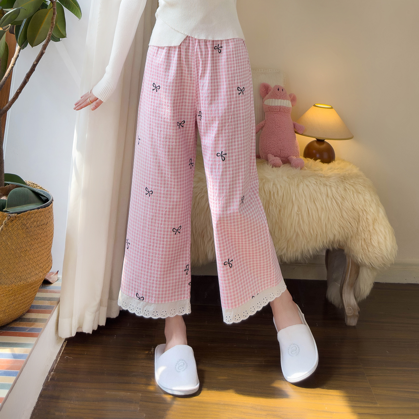 春秋薄款纯棉睡裤女复古粉色格子九分阔腿裤小个子可外穿家居裤女