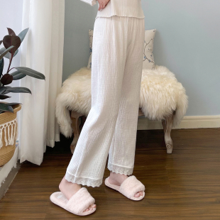 薄款 空调裤 日系纯棉纯色棉纱布睡裤 家居裤 女 白色花边长裤 春秋季