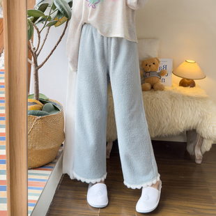 冬季加厚软糯米粒绒睡裤女原创甜美软绵绵毛球花边可外穿家居长裤