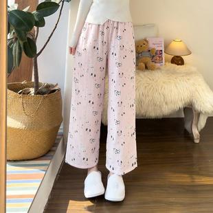 日系甜美少女可爱斑点狗狗印花睡裤女春季新款纯棉家居裤棉纱长裤