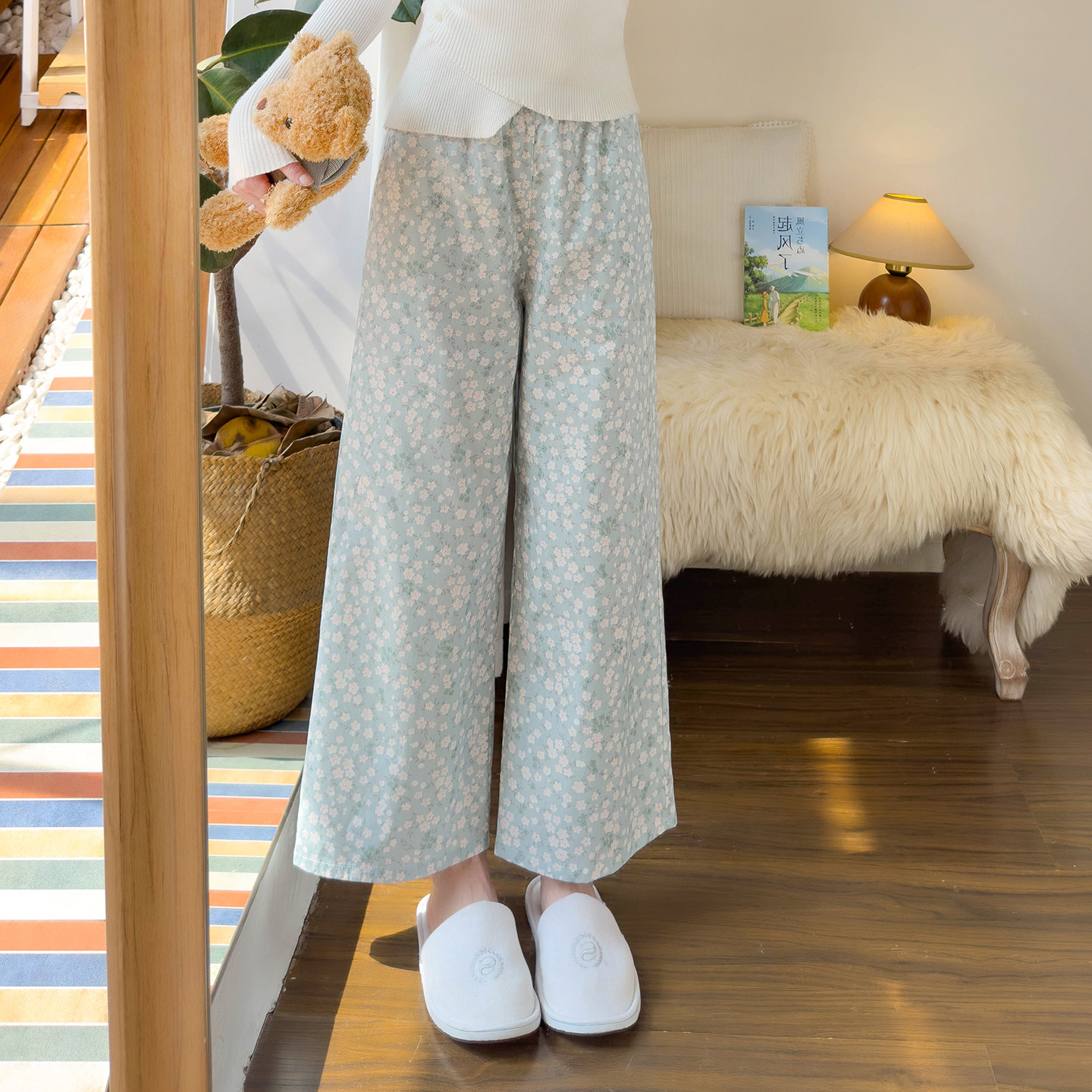 春秋纯棉睡裤女小个子棉布碎花阔腿裤有口袋遛弯裤可外穿家居长裤