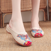 民族风休闲百搭包头拖增高软底绣花鞋 女士凉鞋 老北京布鞋 亚麻拖鞋