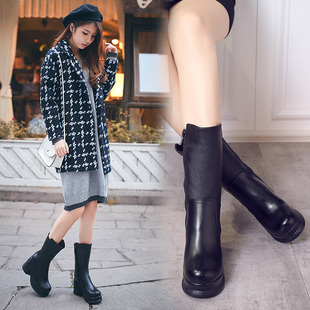 2026冬款真皮女靴中筒靴坡跟厚底松糕底马丁靴棉靴防水台高跟鞋