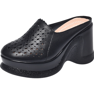 厚底真皮夏外穿半托镂空2026新款包头超高跟特色凉拖鞋女女鞋松糕