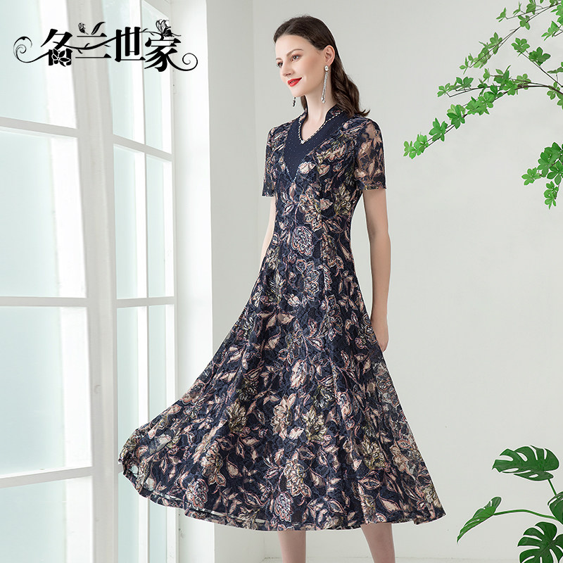 名兰世家宴会礼服原创设计师V领高端碎花蕾丝连衣裙气质洋气时尚