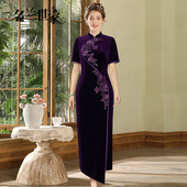 名兰世家小众设计款 丝绒重工绣花旗袍气质显瘦高端大气晚宴裙女
