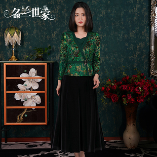 名兰世家丝绒蕾丝拼接连衣裙长袖 圆领宴会高端礼服优雅日常可穿