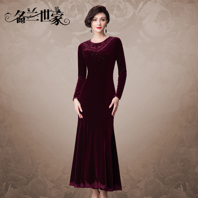 名兰世家时尚气质金丝绒长礼服裙女鱼尾长袖晚会主持人红色连衣裙