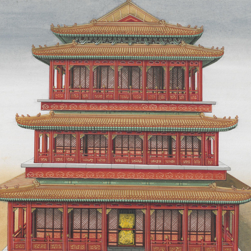 18世纪彩绘中国古代建筑工具构造宫殿亭台桥梁高清图片设计素材