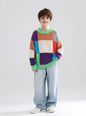 棋盘格拼色马海毛毛衣中大童打底童装舒适秋款男童宽松针织衫