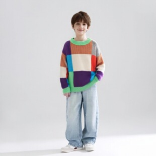 棋盘格拼色马海毛毛衣中大童打底童装舒适秋款男童宽松针织衫