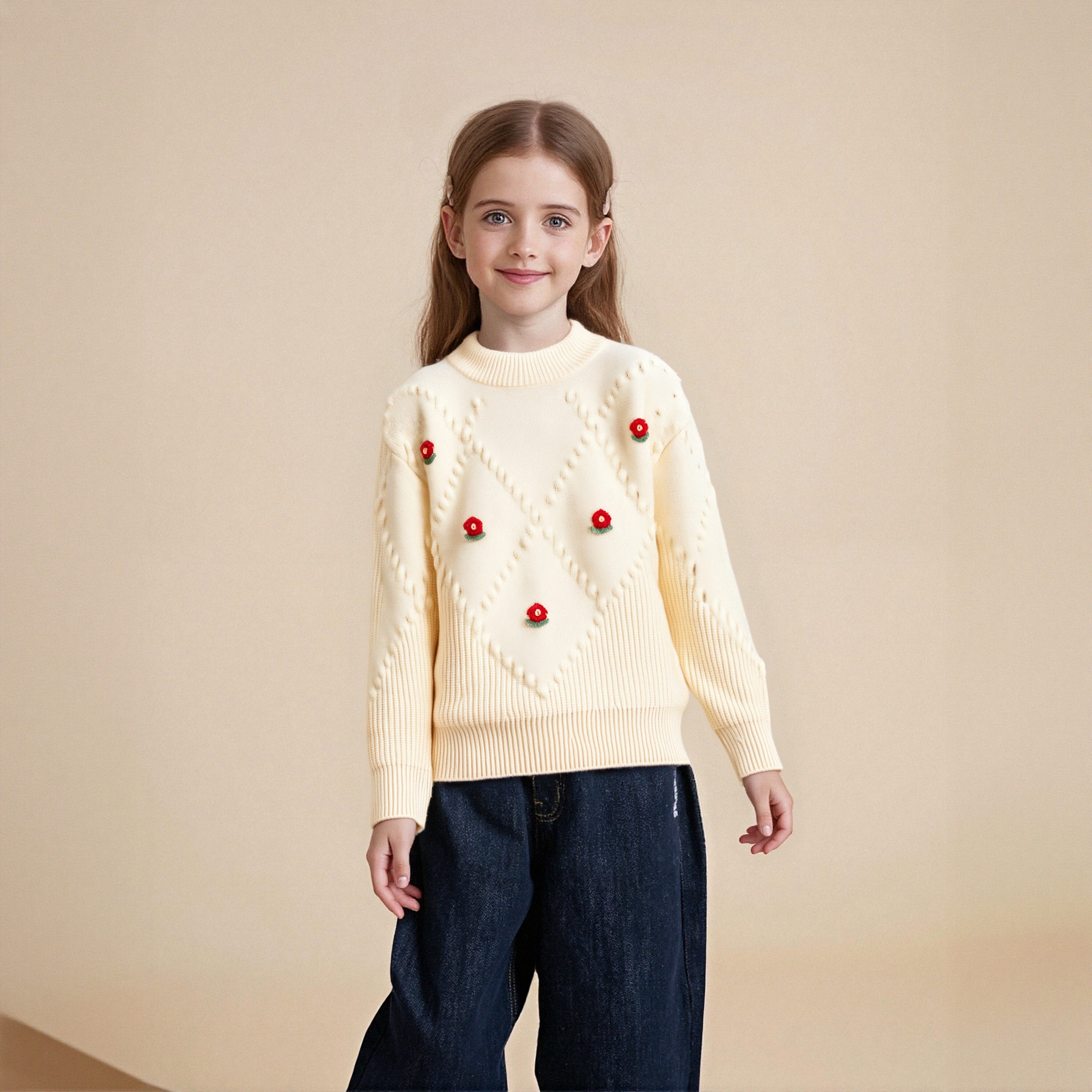 儿童手工贴花圆领毛衣上衣秋冬新款中大童女孩针织衫打底衫洋气