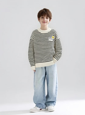 男童毛衣加绒加厚一体绒黑白条纹酷儿童上衣新款秋冬款休闲童装